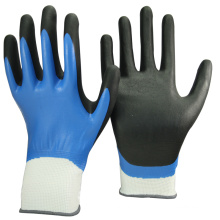 NMSAFETY EN388 3121 13 jauge nylon tricot doublure double enduit bleu et noir mousse nitrile sur les gants de travail de sécurité de paume